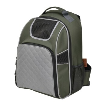 Sac à dos pour animaux de compagnie vert avec des accents gris, comportant des panneaux de ventilation en maille et plusieurs poches zippées.